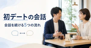 カフェで自然に会話する男女と「初デートの会話・会話を続ける5つの流れ」の文字