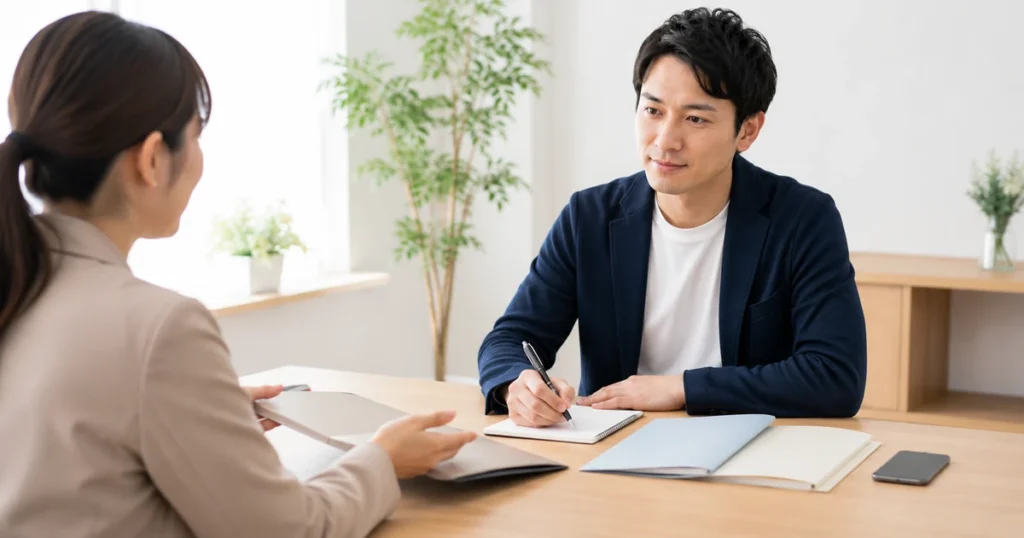 結婚相談所の無料相談で確認事項をメモする30代男性