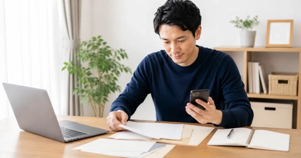 結婚相談所への入会に必要な書類を確認する30代男性