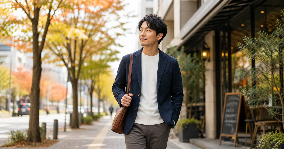 秋の街でネイビーのジャケットを着てデートへ向かう30代男性