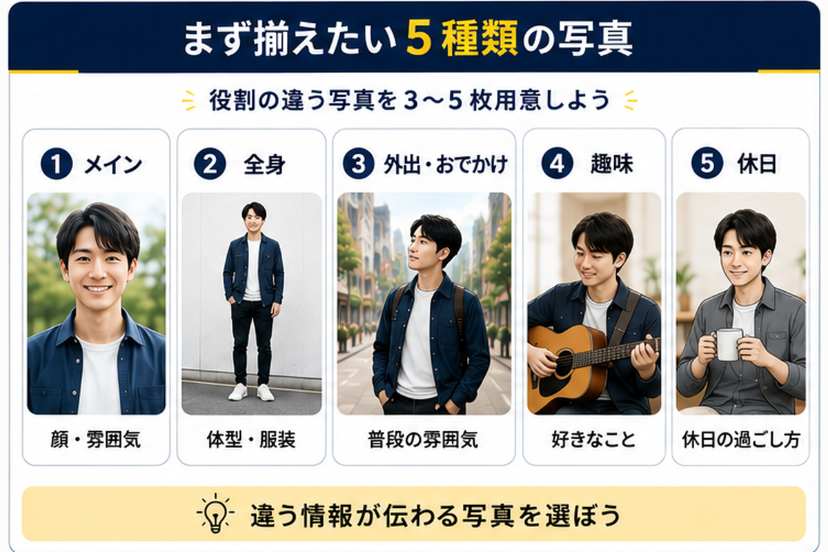 マッチングアプリで揃えたい5種類の写真（メイン・全身・外出・趣味・休日）